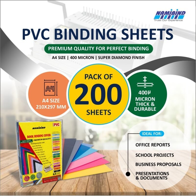 Namibind A4 Size 400 Micron PVC Book Binding Cover Set, 40 mm, For Office, School, Personal & Professional Use | PVC Binding Sheets | 1 Set (200 Sheets)