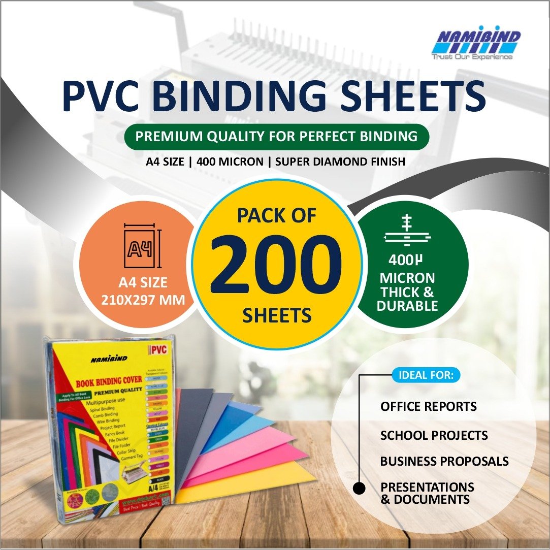 Namibind A4 Size 400 Micron PVC Book Binding Cover Set, 40 mm, For Office, School, Personal & Professional Use | PVC Binding Sheets | 1 Set (200 Sheets)