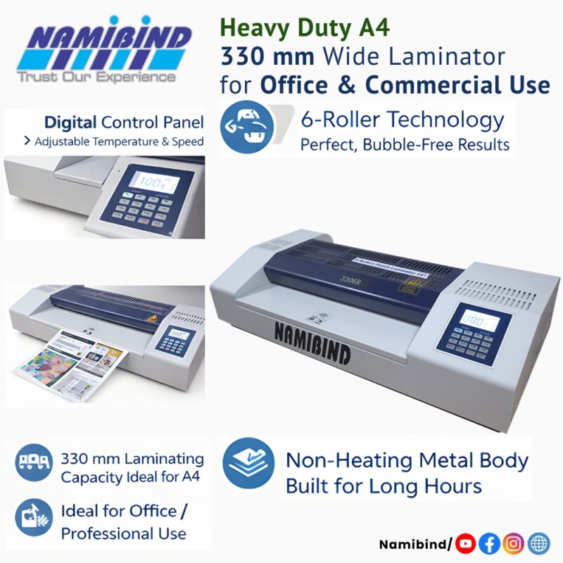 Namibind A4 LM-3306R Heavy-Duty Pouch Laminating Machine, 330 mm Width, 6-Roller Non-Heating Metal Body Laminator for Office & Commercial Use