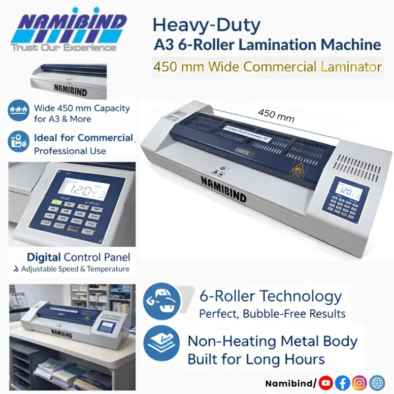 Namibind A3 LM-4506R Heavy-Duty Pouch Laminating Machine, 450 mm Width, 6-Roller Non-Heating Metal Body Laminator for Office & Commercial Use
